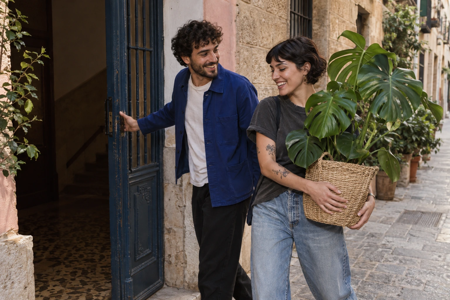 Escena conceptual IA de personas ficticias con plantas