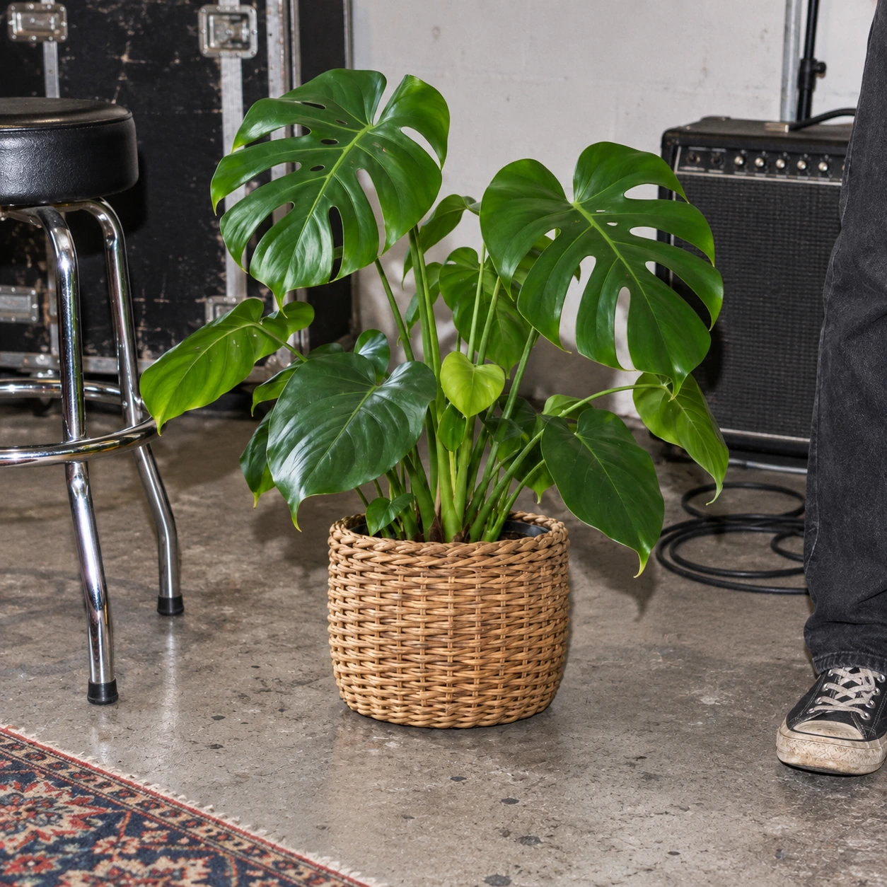 Monstera deliciosa en cesto de mimbre en un local de ensayo, junto a un amplificador y un estuche de gira; a la derecha, la pierna de una persona ficticia