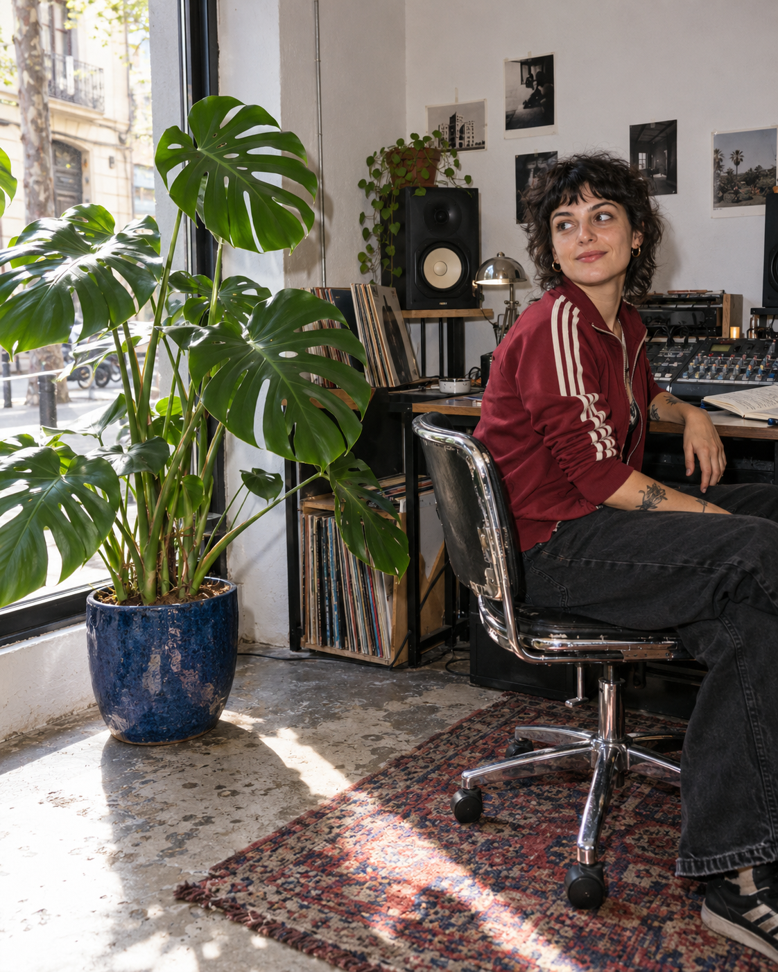 Una adulta ficticia con chaqueta roja junto a una monstera en maceta azul, en un estudio de música con ventana