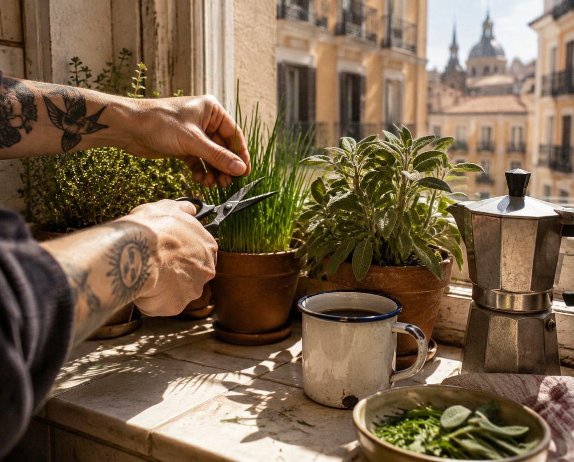 Manos tatuadas cortando cebollino junto a tomillo y salvia en un alféizar soleado, con una cafetera