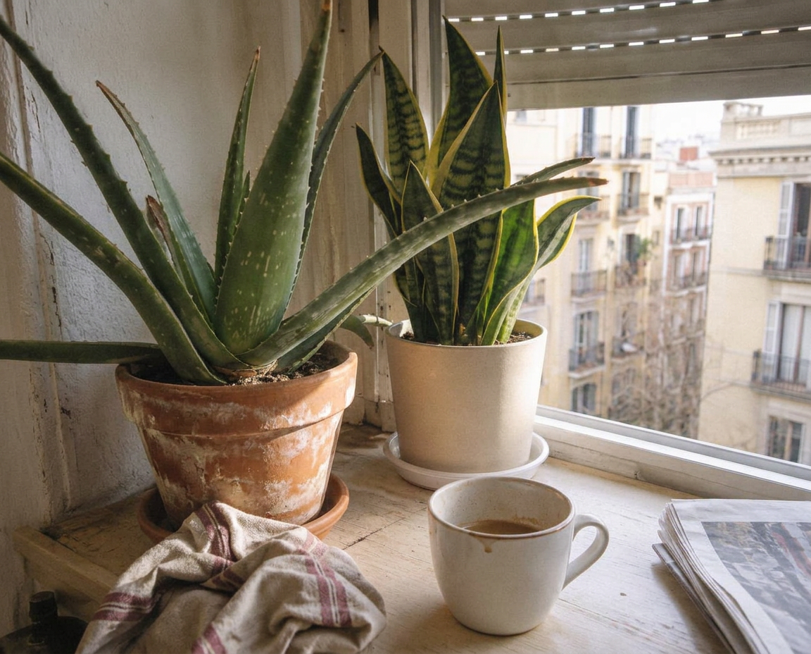 Aloe vera en maceta de barro y sansevieria en un alféizar soleado junto a una persiana a medio abrir, con una taza de café