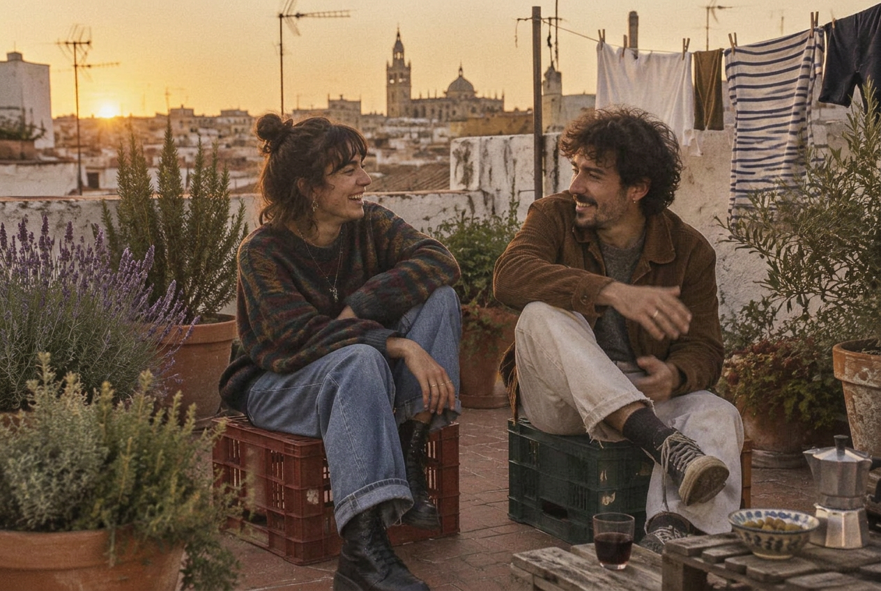 Dos amigos ficticios charlando al atardecer en una azotea con lavanda, romero y tomillo en macetas de barro