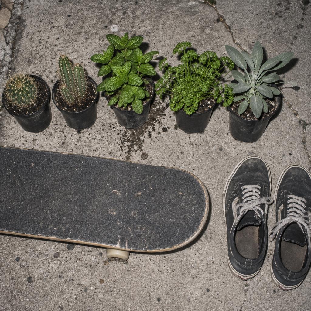 Fila de plantas pequeñas en macetas negras, cactus, menta, perejil y salvia, junto a un monopatín y unas zapatillas