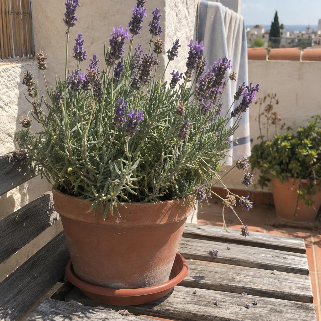 Lavanda en flor en maceta de barro sobre un banco de madera en una terraza soleada