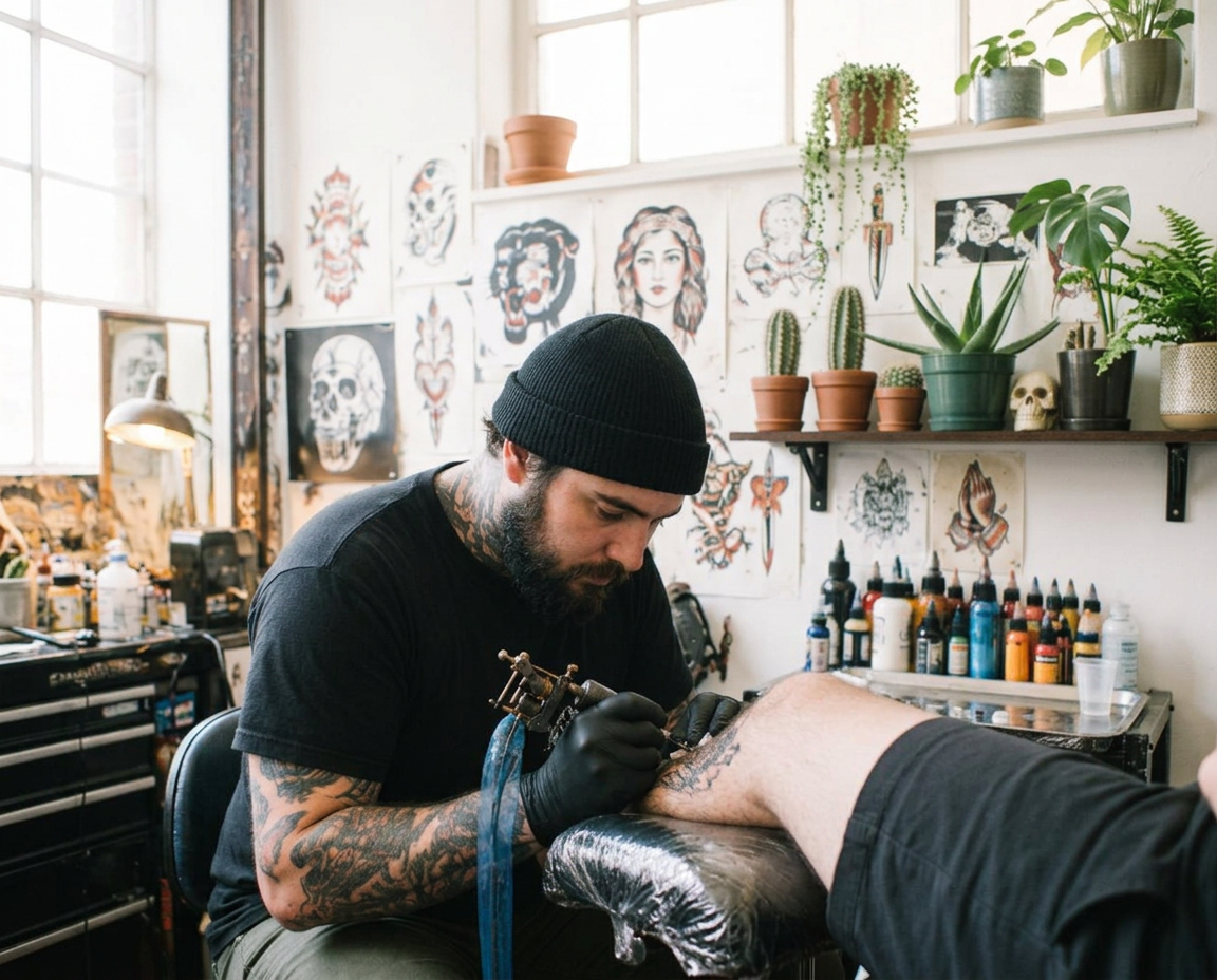 Tatuador ficticio trabajando en su estudio luminoso, con cactus y un aloe en una estantería
