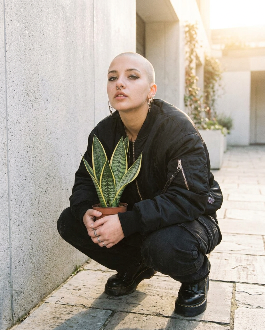 Persona ficticia rapada con bómber negra, agachada en un patio soleado junto a un muro claro, sosteniendo una sansevieria